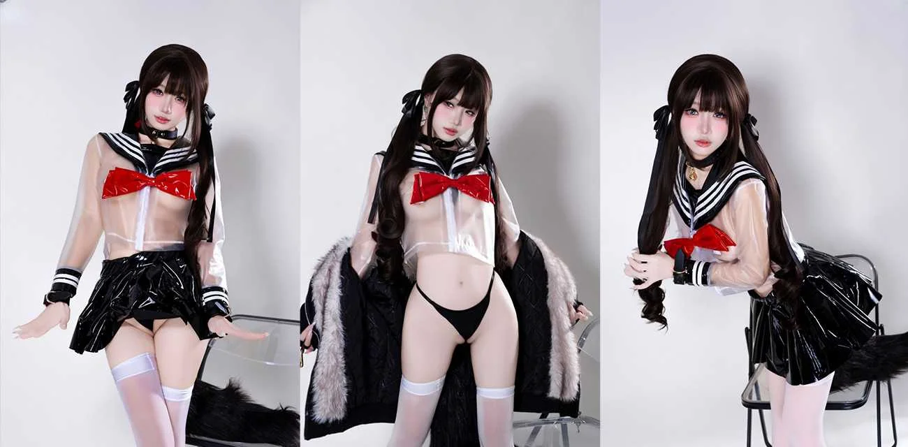 巨乳嫩模【柒柒要乖哦】写真私拍，透明JK半透巨乳翘臀，红唇微张眼神撩双马尾萝莉太会勾人